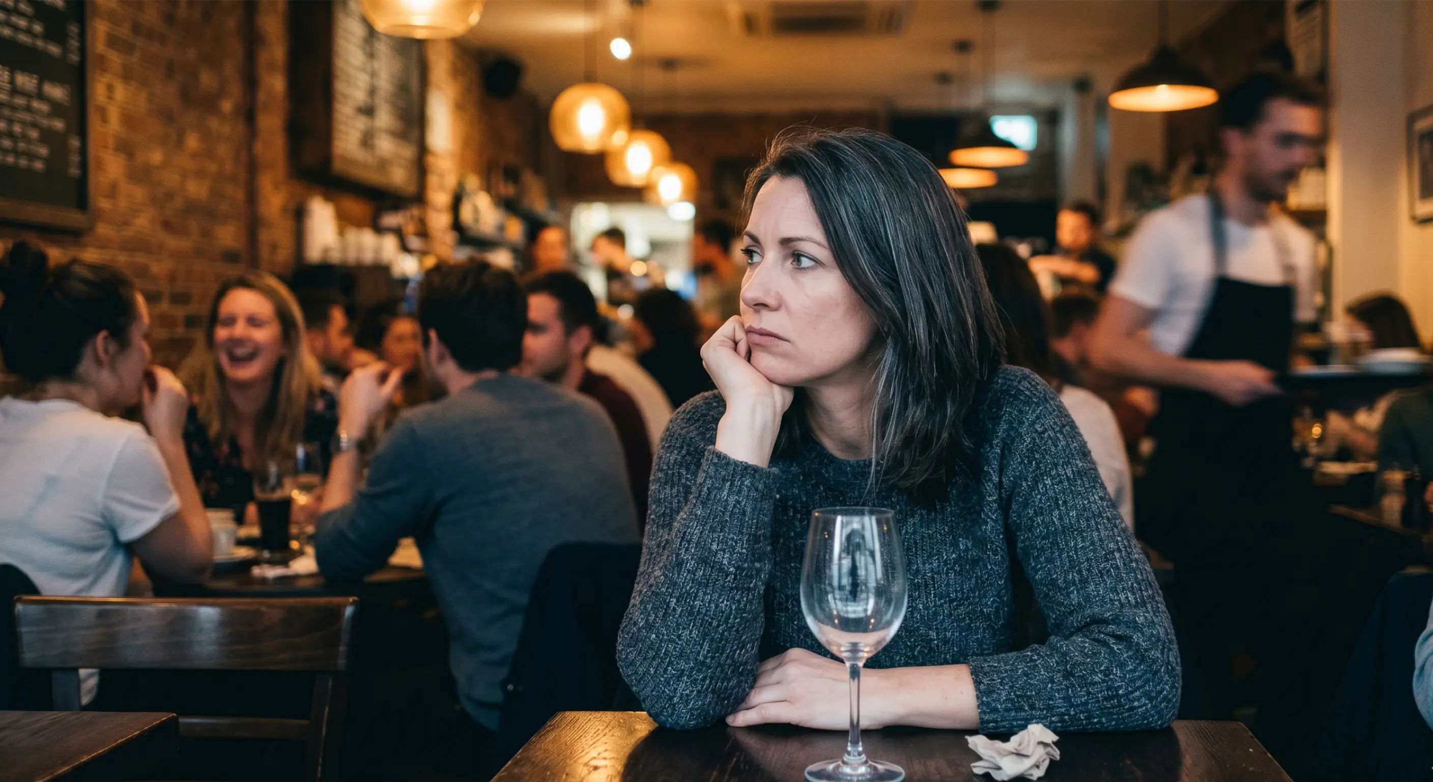 Guest waiting at a table in a crowded restaurant