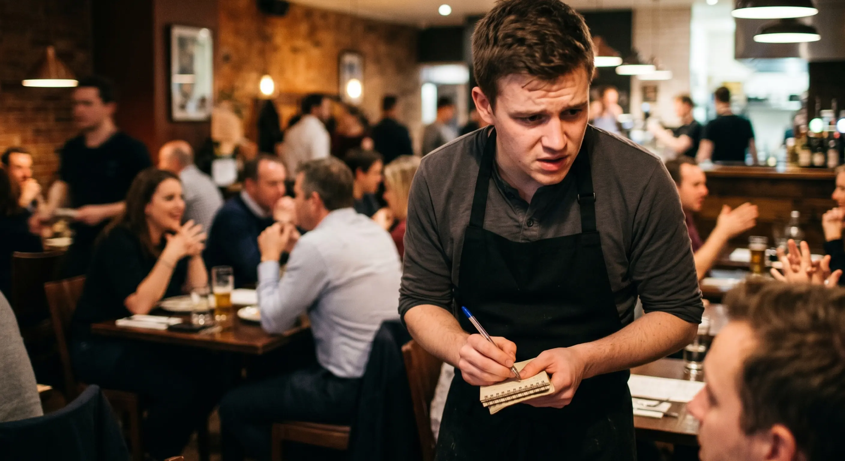 Waiter writing an order in a busy, noisy restaurant