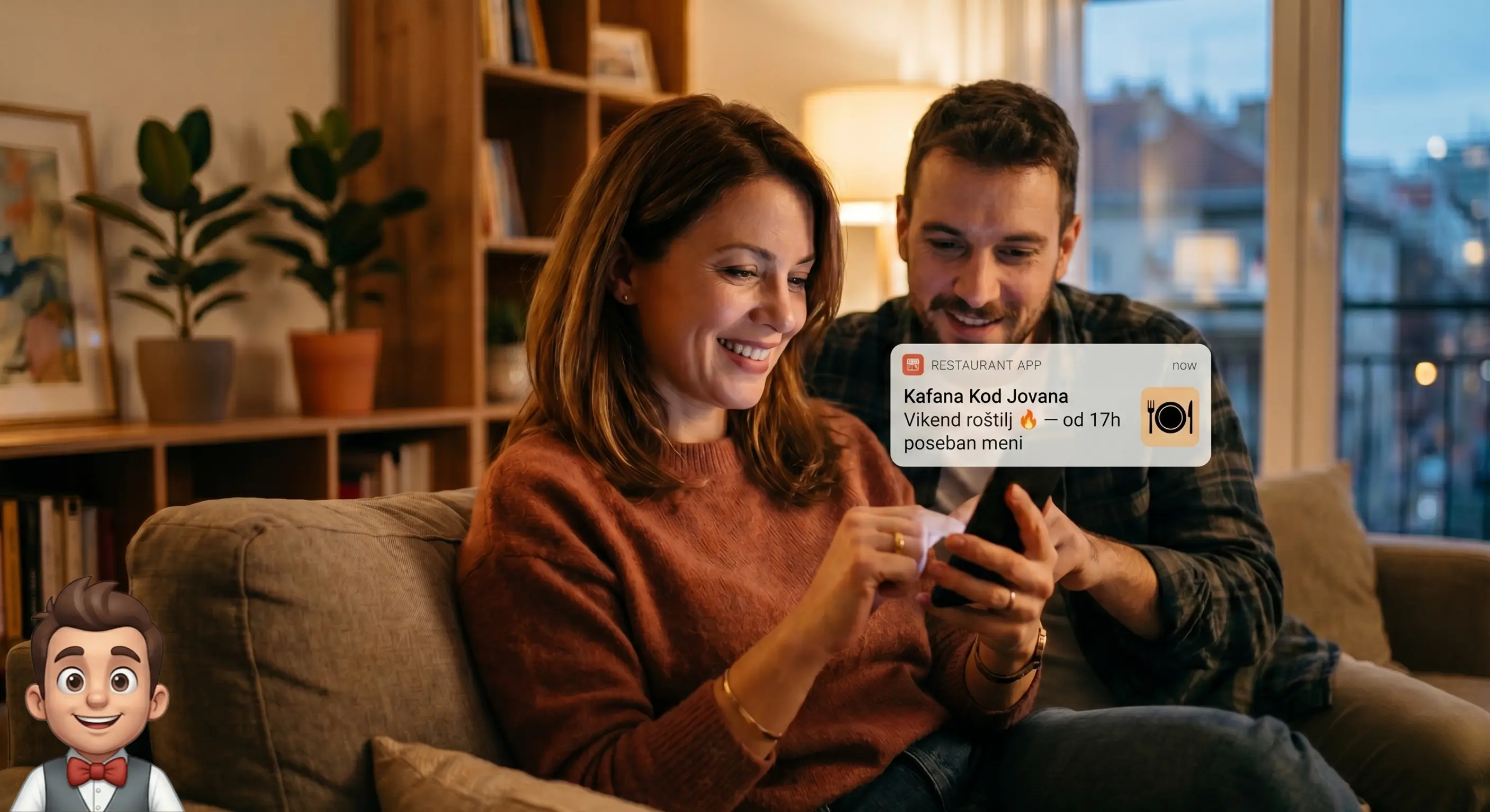 Couple receiving a push notification from a favourite restaurant